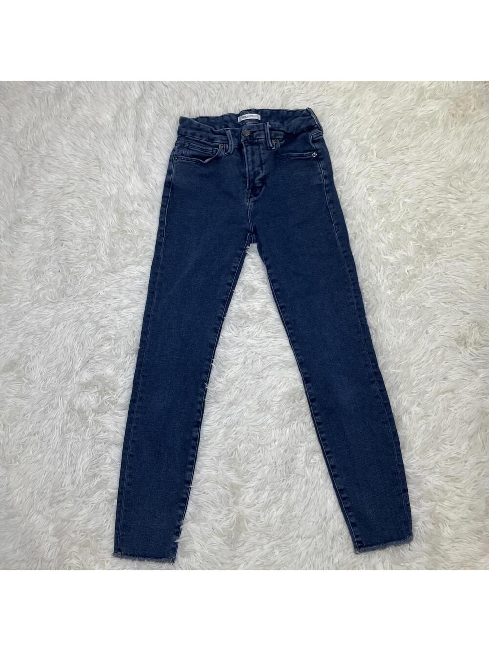 Good American Good Legs Jeans Women 0/25 Blue Mid Rise Raw Hem Dark Wash Stretch